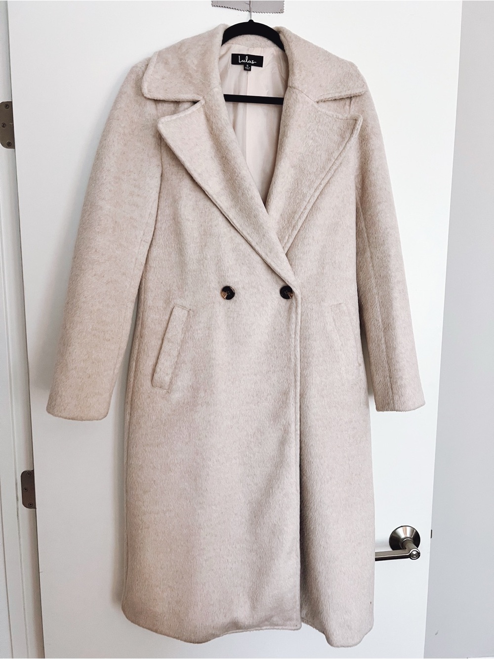 Lulu's Cream Double-Breasted Long Wool-Blend Pea Coat